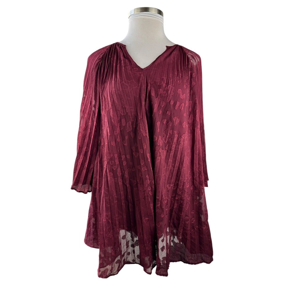 by Anthropologie Toulon Pleated Mini Dress Boho Burgundy Maroon XS Fall Autumn - Picture 2 of 12